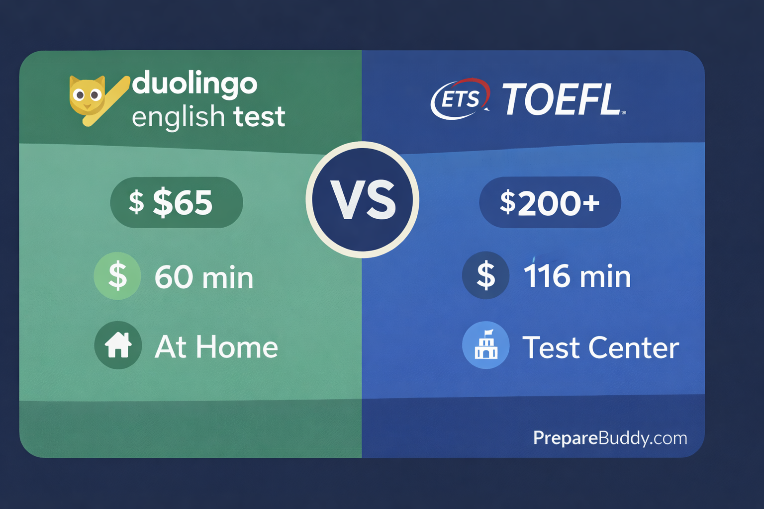 Duolingo English Test vs TOEFL comparison chart showing cost format and acceptance differences