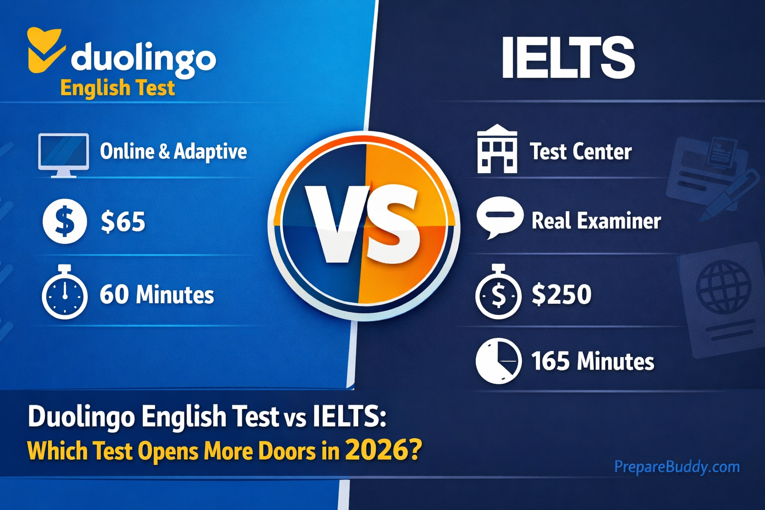 Duolingo English Test vs IELTS comparison chart showing cost format and acceptance differences