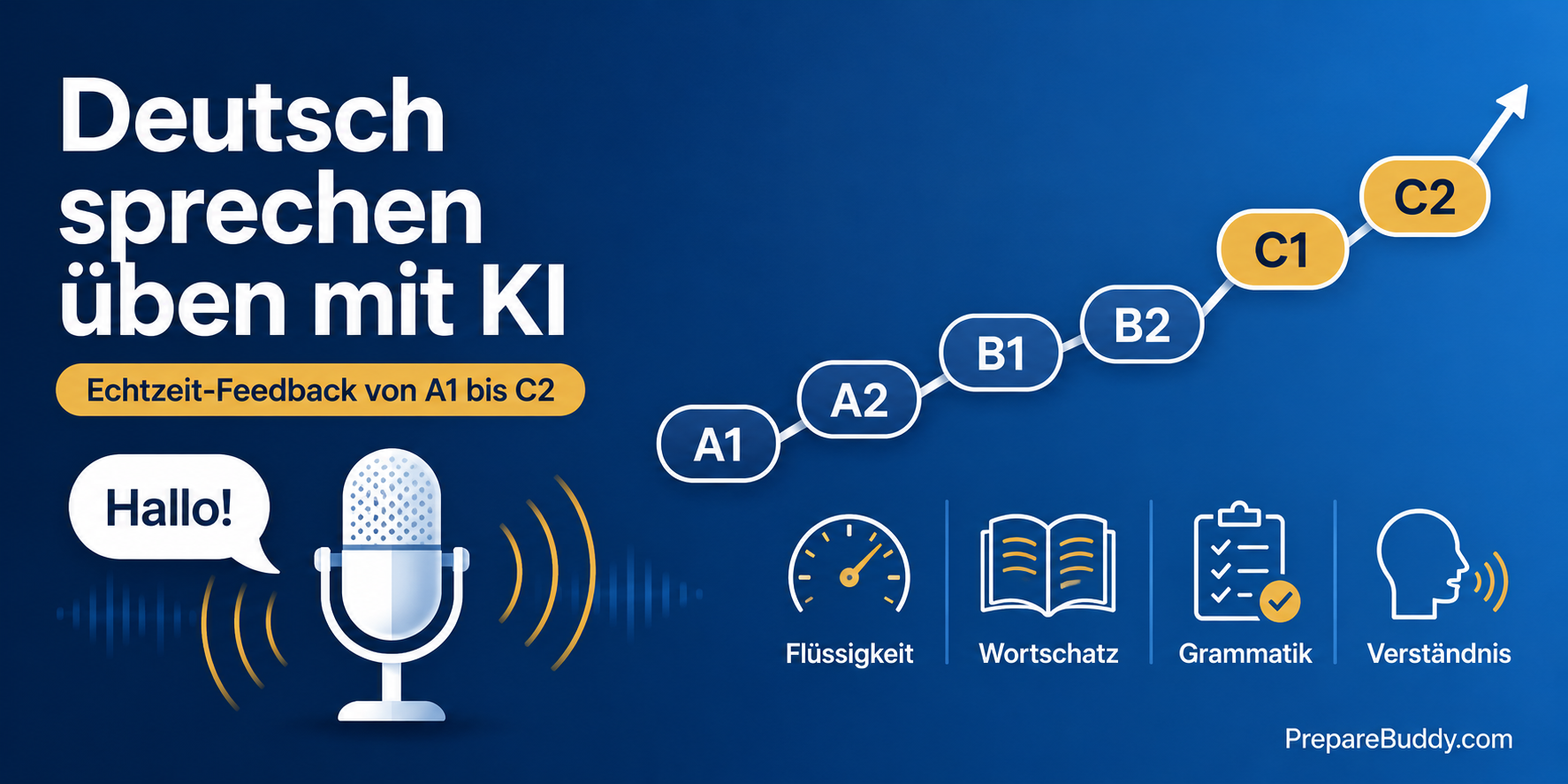 Deutsch sprechen üben mit KI – Echtzeit-Konversation A1 bis C2 mit Feedback