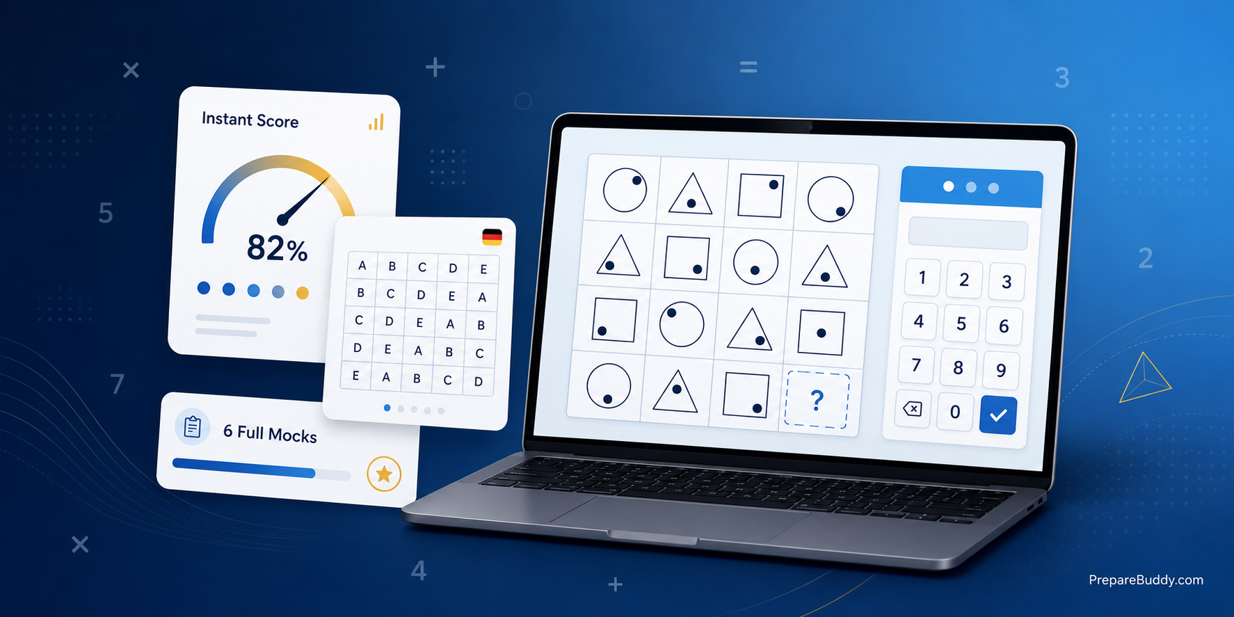 PrepareBuddy dMAT preparation platform — practice interface with figure sequences grid, instant scoring and six full-length mocks