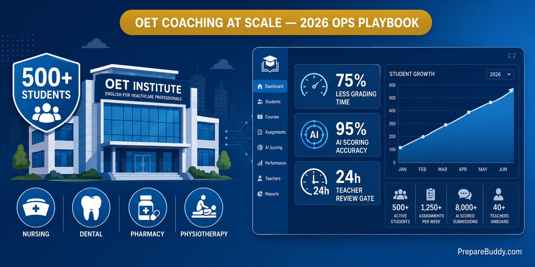 OET coaching center operations playbook 2026 — white-label platform for nursing and allied-health institutes running 500+ students with AI scoring and 24-hour teacher review