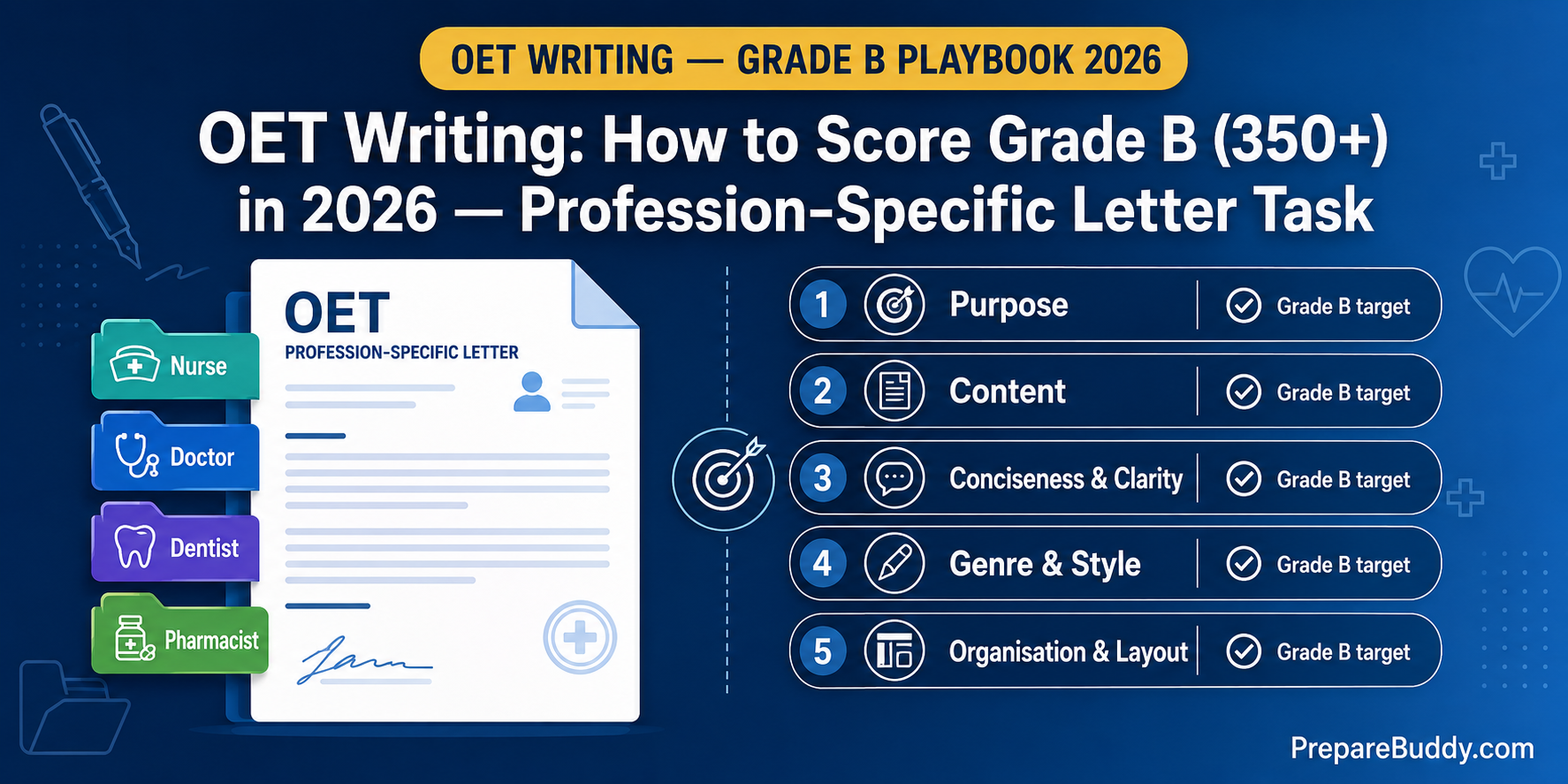OET Writing Grade B 350+ strategy guide infographic with 6 criteria rubric breakdown