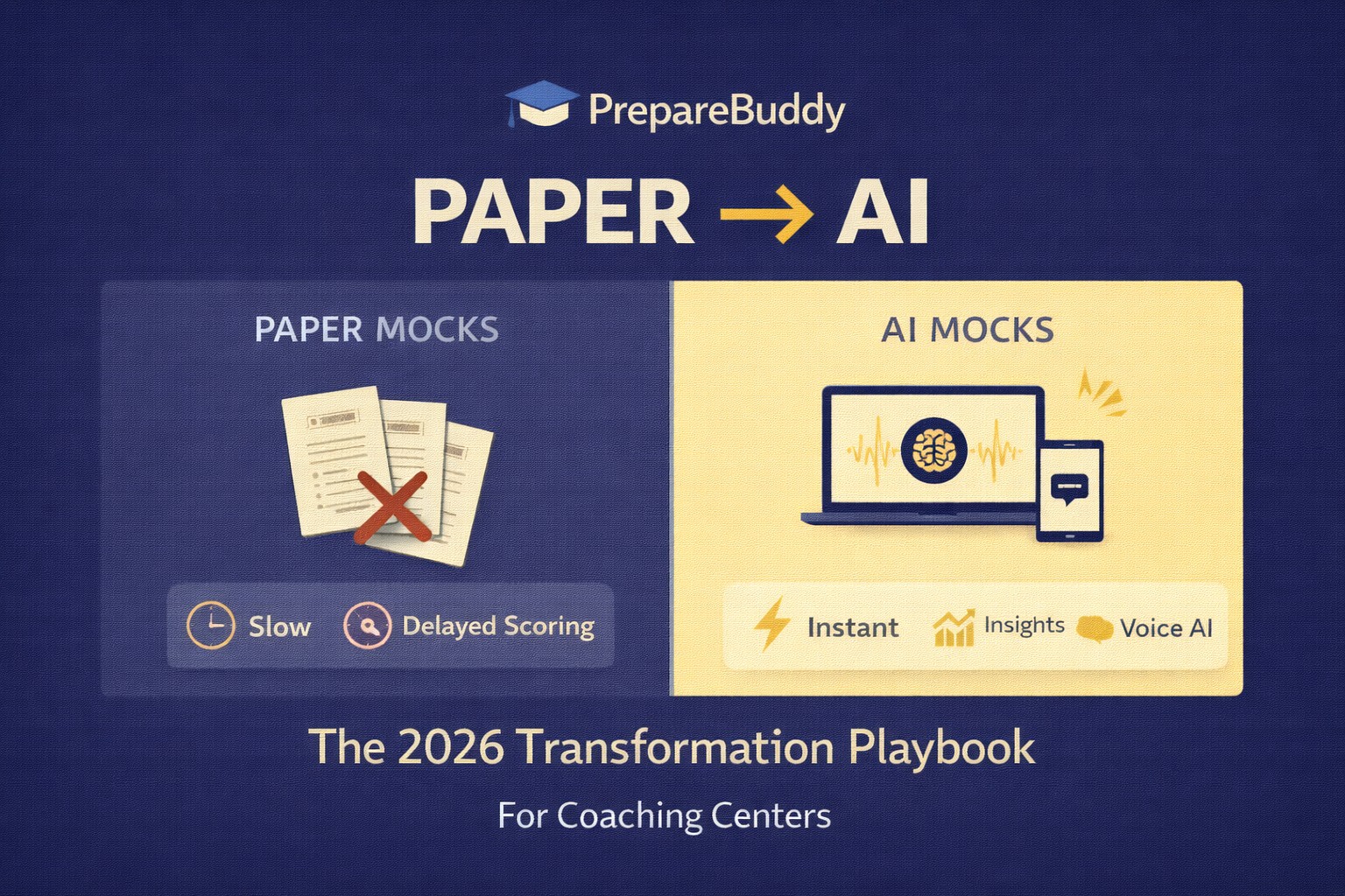 Coaching centers replacing paper mock tests with AI-powered platform — comparison infographic