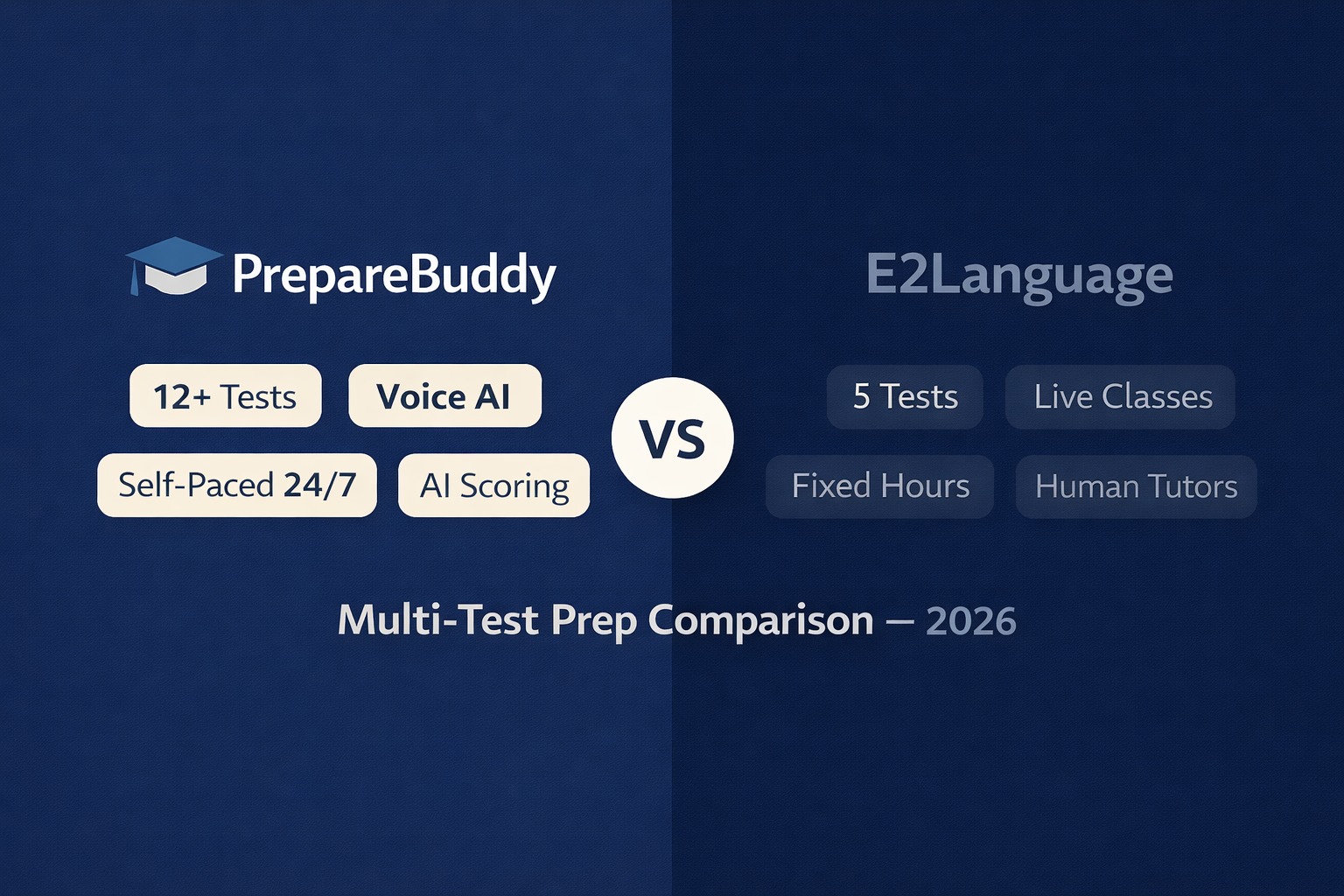 PrepareBuddy vs E2Language comparison infographic showing feature differences