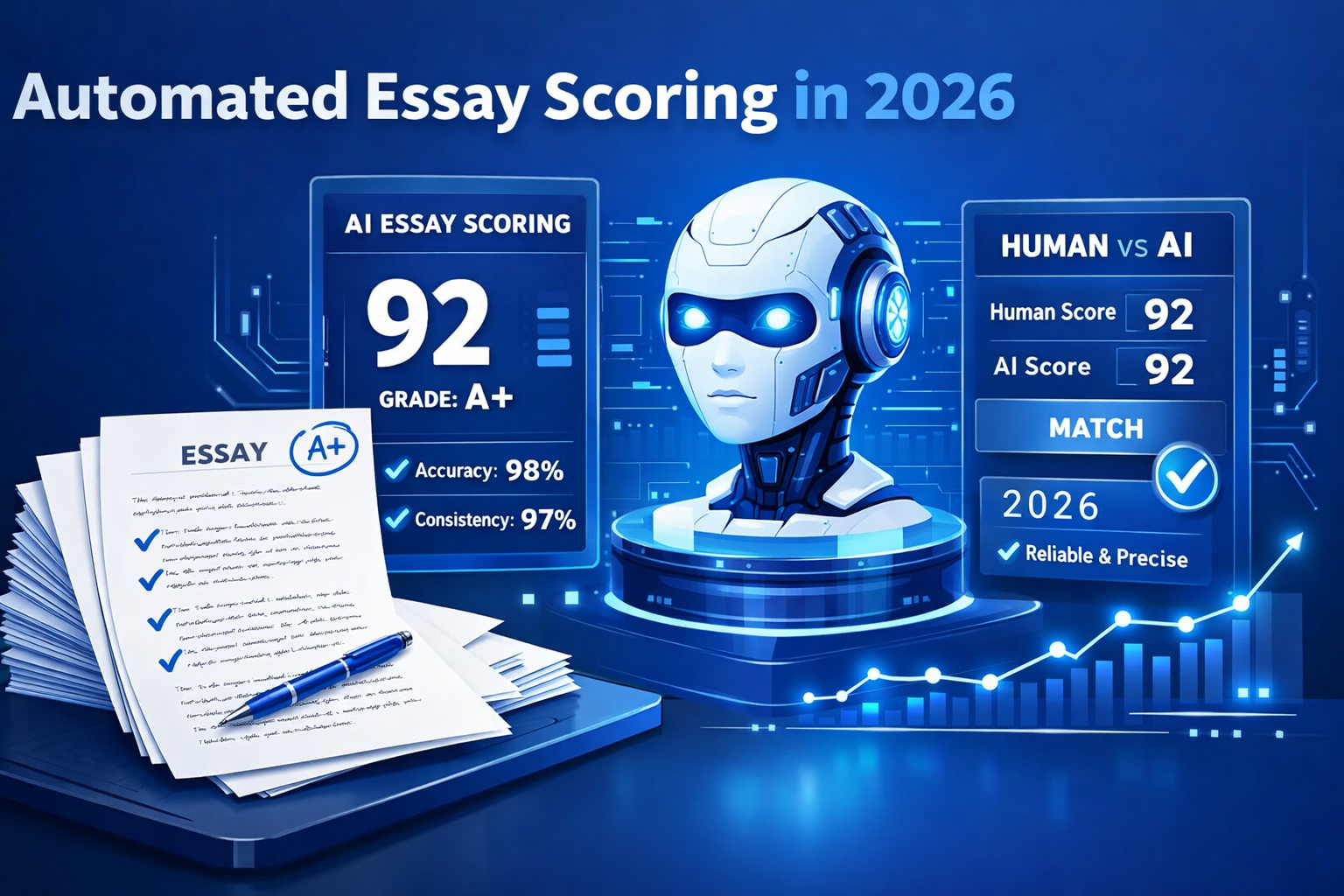 Automated essay scoring AI grading accuracy comparison infographic