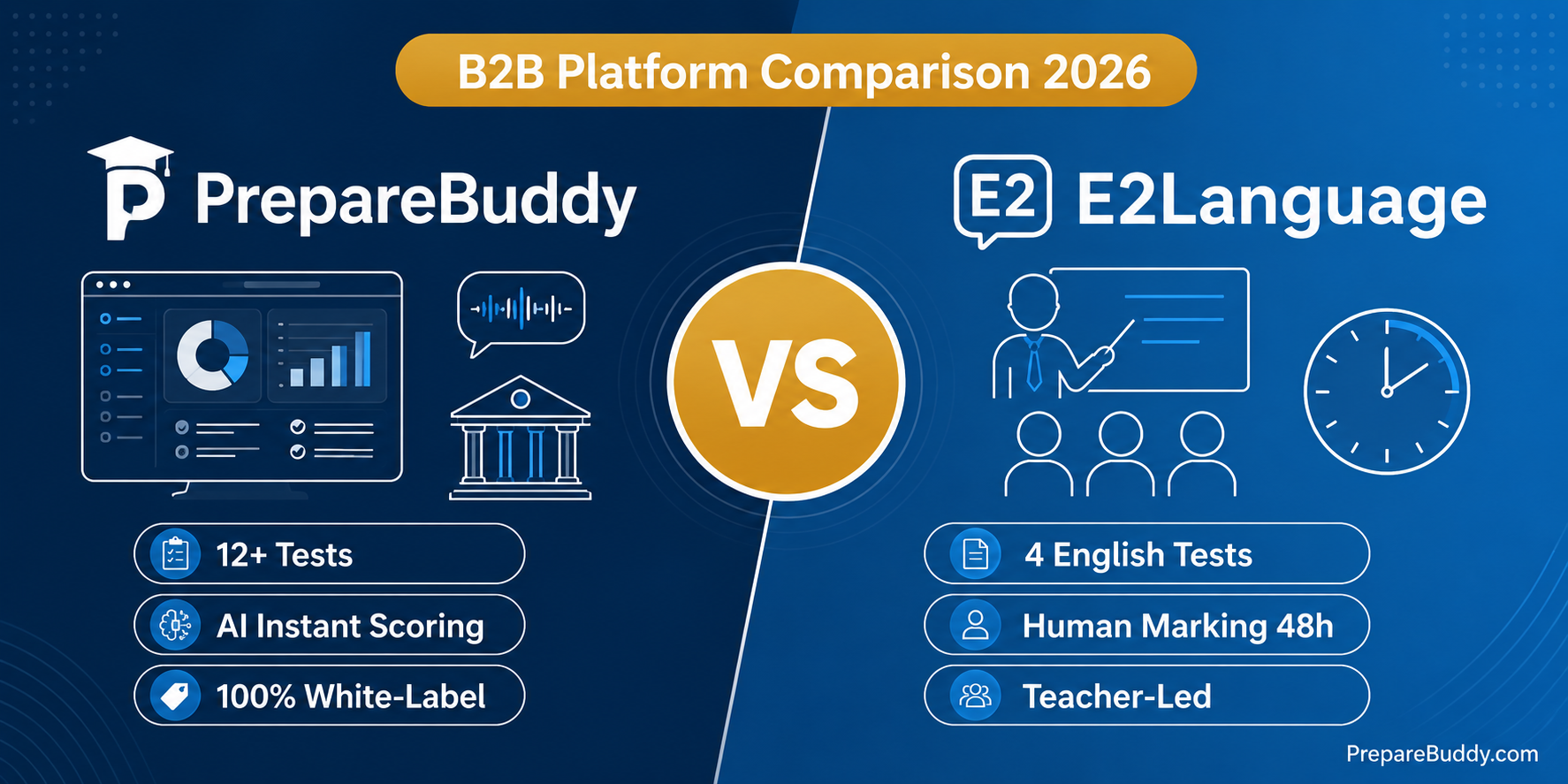 PrepareBuddy vs E2Language B2B platform comparison for coaching centers and language institutes