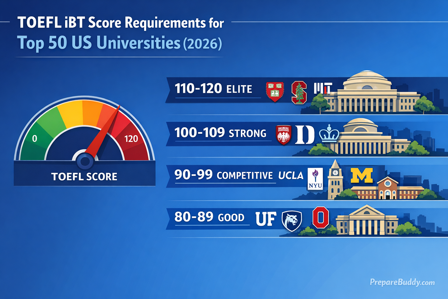 TOEFL iBT score requirements chart for top US universities 2026