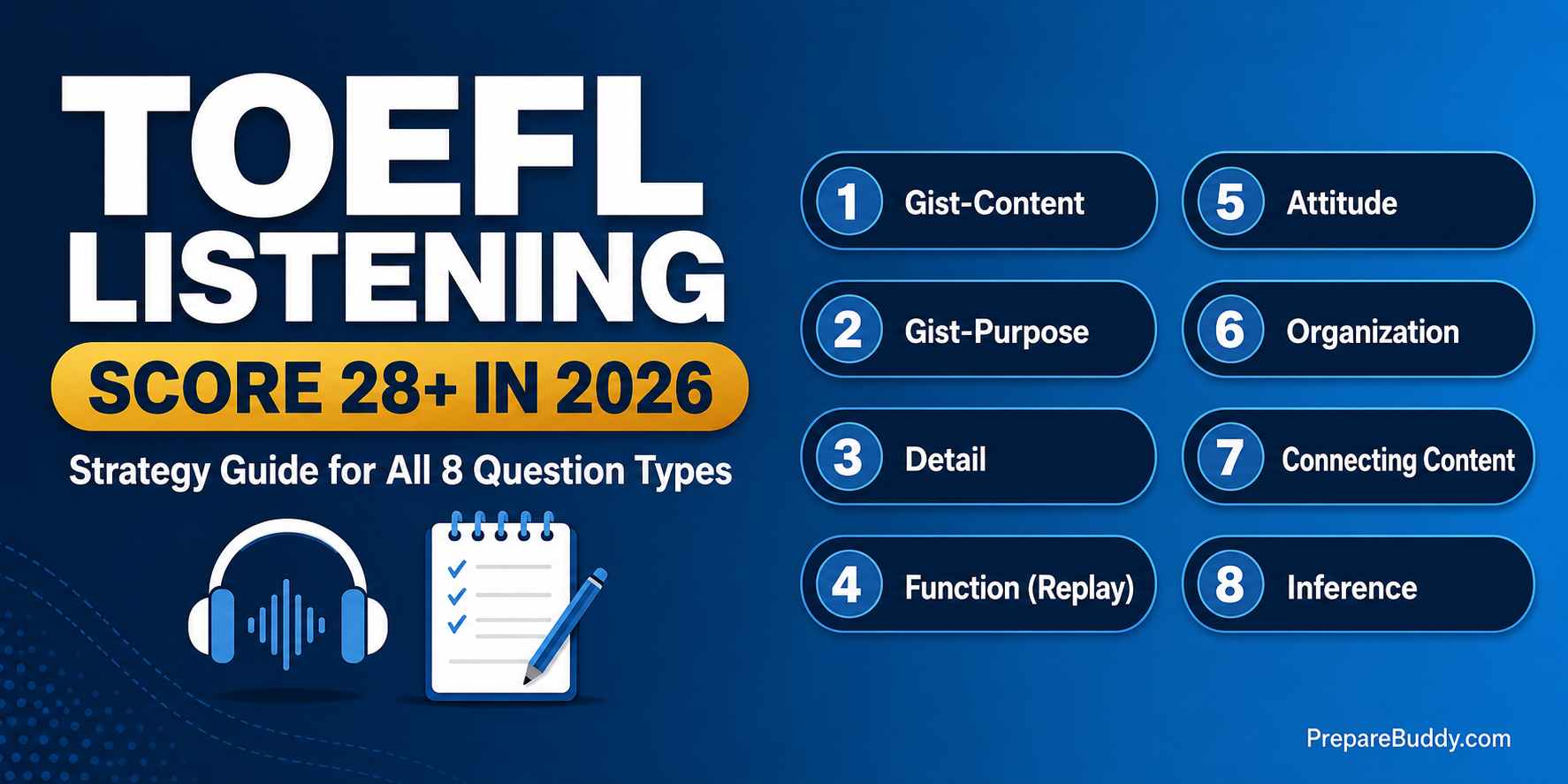 TOEFL Listening 28+ score strategy guide infographic with 8 question types